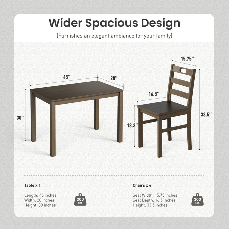 Ensembles de table de salle à manger 5 pièces, ensembles de salle à manger en bois massif peu encombrants avec 4 chaises à dossier à lattes