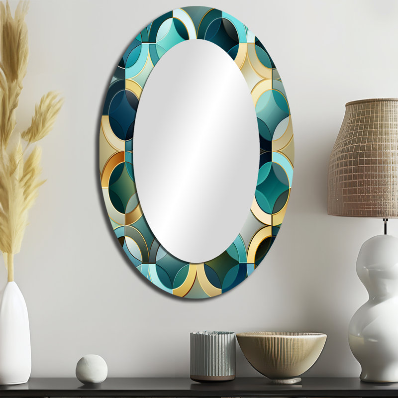 Carreaux gÃ©omÃ©triques modernes bleu sarcelle et dorÃ©s - Miroir mural ovale dorÃ©, 36" H x 24" W
