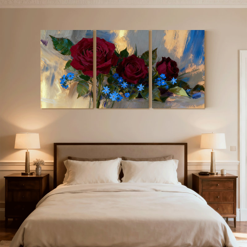 Ensemble de 3 reproductions d'art sur toile, roses rouges et fleurs bleues sur toile, H 30 po x l 60 po