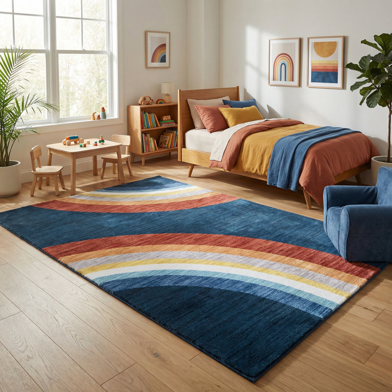 Rug Branch Marlow 5' x 8' (5'3" x 7'7") Navy/Red Rainbow Kids Area Rug, Contemporary, Medium Pile, Stain-Resistant Carpet - Playroom, Nursery, Toy Room and Bedroom