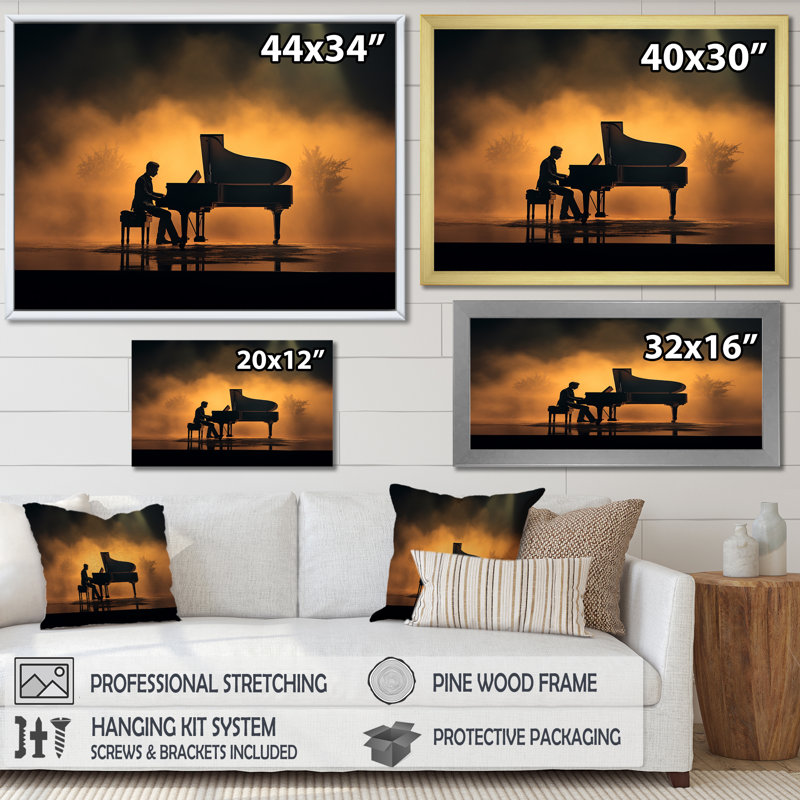 Piano Symphony In Silhouette sur impression sur toile, Cadre simple noir, H 12 po x l 20 po x P 1 po
