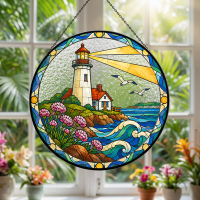 Art mural sur toile en verre teinté "Phare côtier avec fleurs roses"