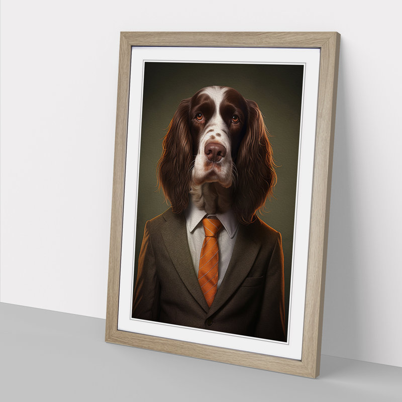 XYZ-FRM-V1223-665 English Springer Spaniel In A Suit Painting No.2 - Single Picture Frame Print on Wood, Oak 