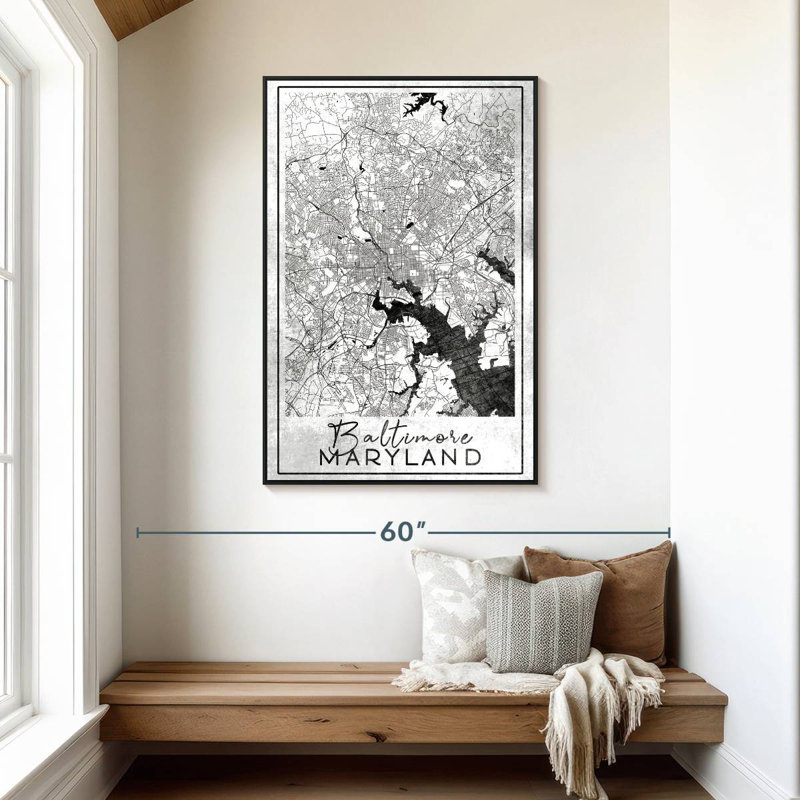 Carte de la ville de Baltimore, 31 po x 46 po, Cadre flottant noir