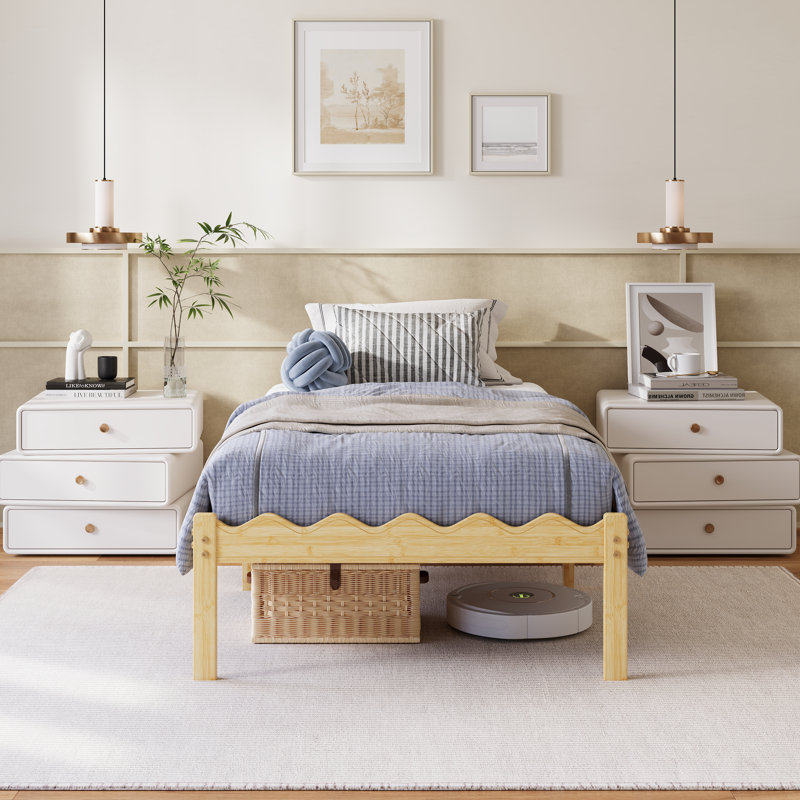 14 Inch Natural Bamboo Twin Size Bed Frame, Warm Tone Modern Style, Heavy-Duty Platform Bed, Wave-Shaped Design to Prevent Mattress Slipping, Squeak-Free & No Wobble, No Box Spring Needed