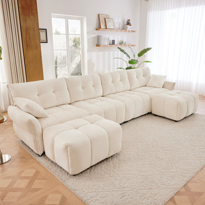 Ensemble de canapé 4 places avec 2 repose-pieds, structure en bois massif avec tissu chenille de qualité supérieure et coussins à haute résilience, pour le salon, le bureau personnel, le salon, l'hôtel ou la maison de vacances, en blanc