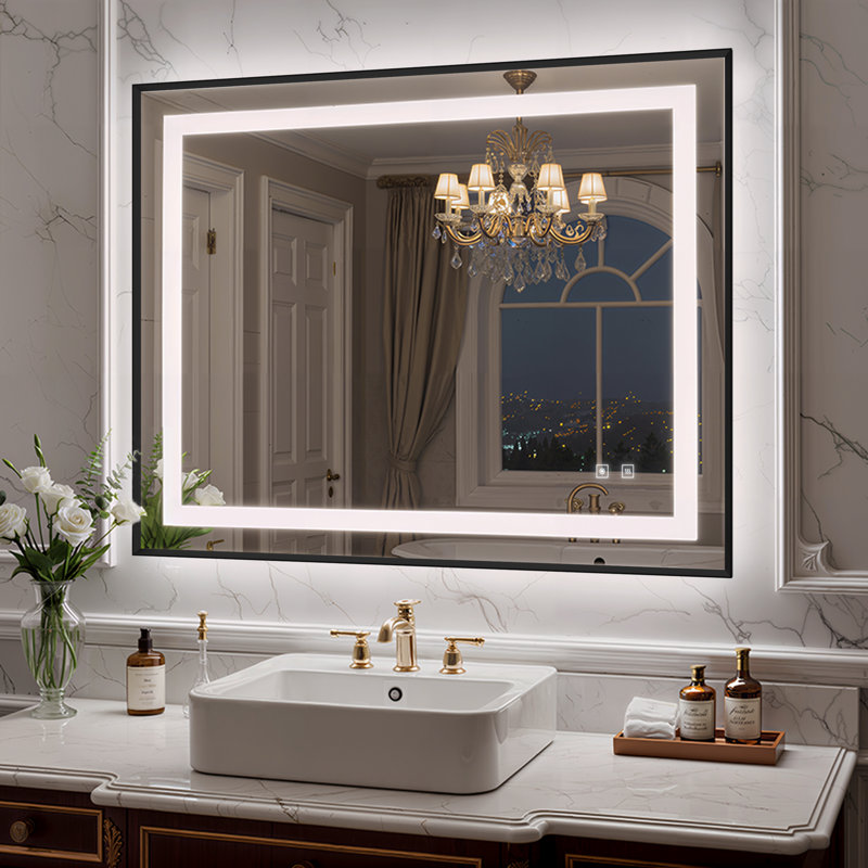Miroir de salle de bain à DEL pour salle de bain, H 32 po x l 40 po, Noir