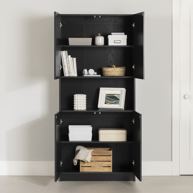 Liora Wide 4-Door Bookcase With Open Storage, Black Oak
