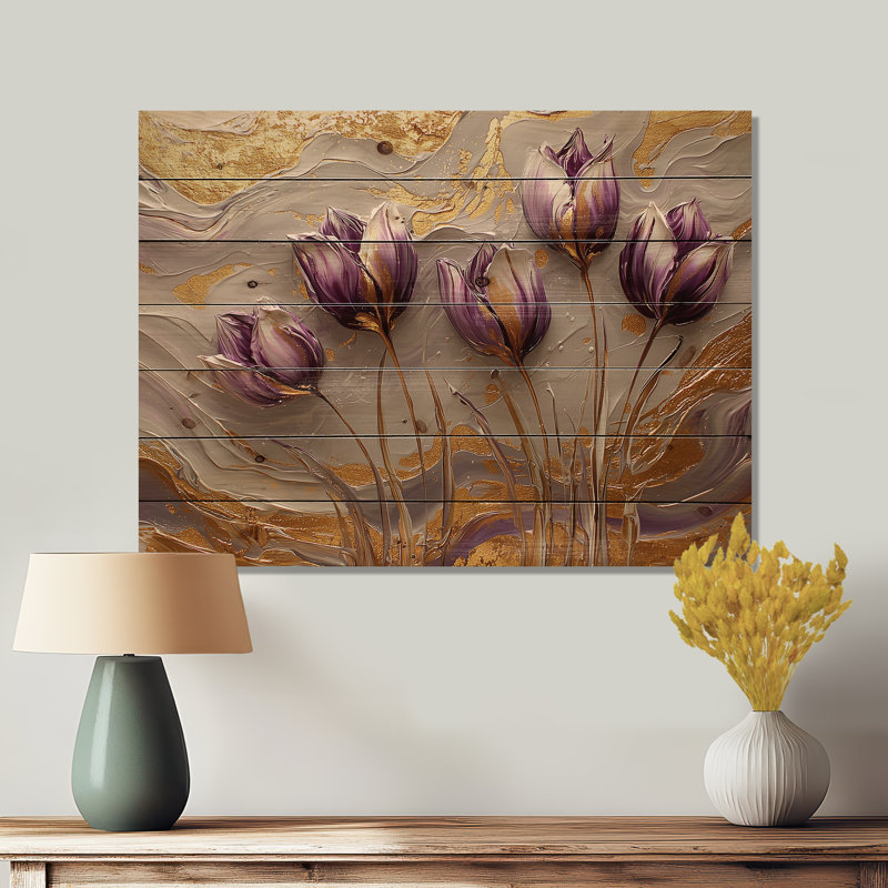 Marbré champ de tulipes sur la rivière crème II - art mural en bois de tulipes - sur bois de pin naturel