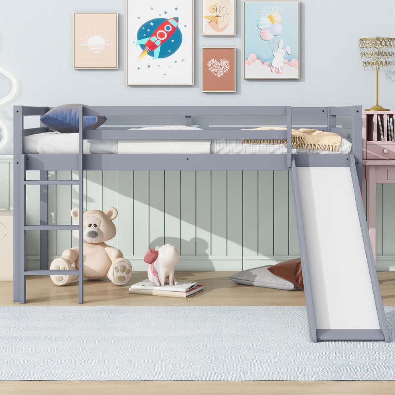 Grey Watsons Low Loft Bed With Slide, Ladder & Full Safety Guardrails, Gray