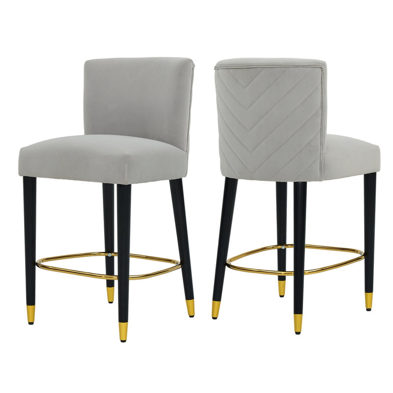 Tabouret de bar moderne en tissu avec repose-pieds circulaire au fini doré, design sophistiqué et luxueux, Gris