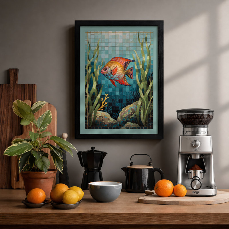 Fish In Mosaic Waters Coastal - Print, Black, A3 - 42.0 x 29.7 cm