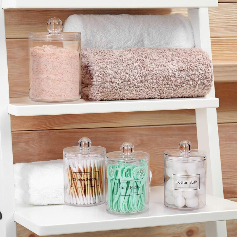 Ensemble de 4 distributeurs de porte-Cotton Swab en acrylique pour cotons-tiges, boules, tampons, choix de soie - petit ensemble de pots d'apothicaire en plastique transparent, décor pour accessoires de salle de bain, rangement pour maquillage