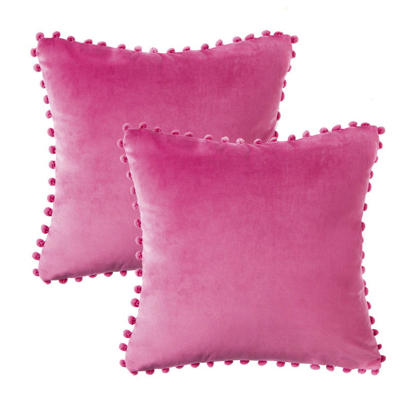 Coussin Silky Velvet Series Pom-poms, Carré 18 po, Rose, Housse de coussin et insert