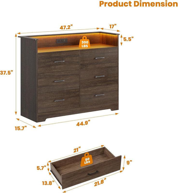 6-Drawer 47.2” Wide Dresser with LED & Charging – Modern Double Chest for Bedroom, TV Stand Cabinet, Storage for Living Room, Entryway, Hallway