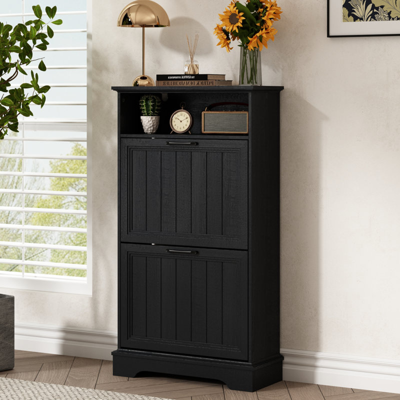 Armoire de rangement pour 12 paires de chaussures avec 2 tiroirs rabattables, Noir
