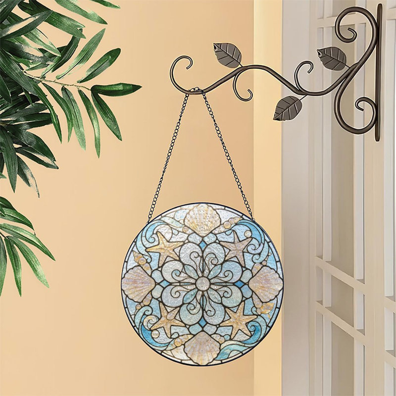 Coquillage et étoile de mer vitrail circulaire vitrail pour fenêtre, 7,8 x 7,8 po (20 x 20 cm)
