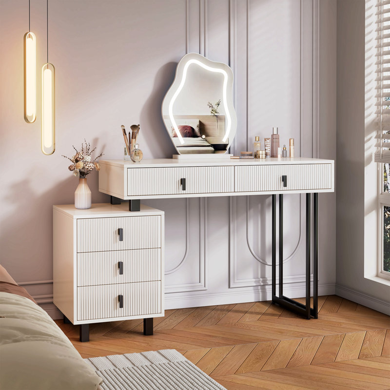 Adjustable-Length Vanity With Cloud Led Mirror - Modern Makeup Table With Storage Drawers & Side Cabinet, Ribbed Texture Design For Bedroom, Dorm & Small Spaces