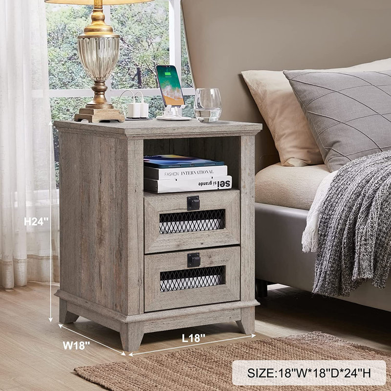 Rimmer 18"W Farmhouse 2-Drawer Wood End Table, Small Side Table With Charging Station, Light Rustic Oak