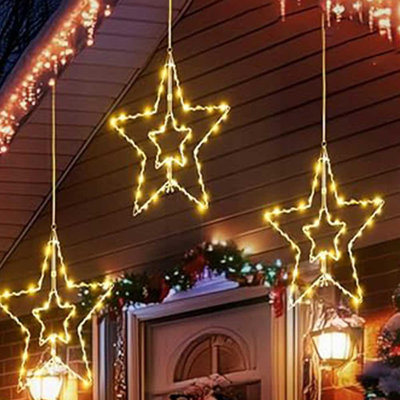 3 Pack Battery Operated Star Hanging Lights, Warm White LED Outdoor Indoor Window Decor, 3D Star String Lights For Christmas, Holiday, Party, Home Decoration