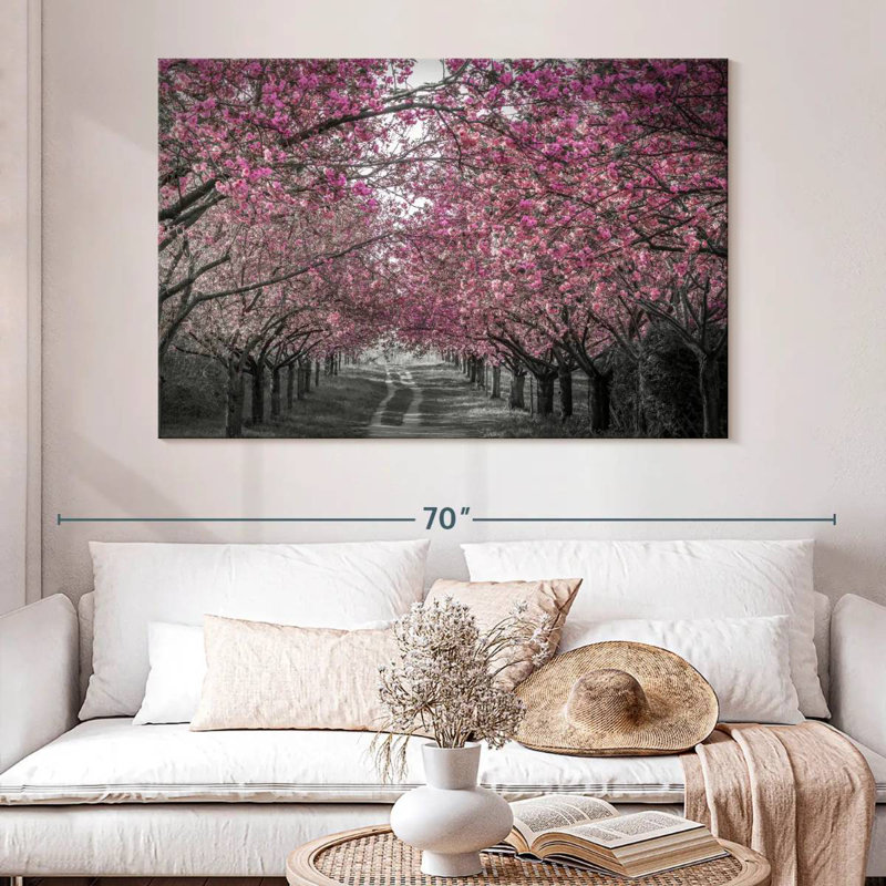 Harnek, belle allée de cerisiers en fleurs en rose, H 34 po x l 51 po