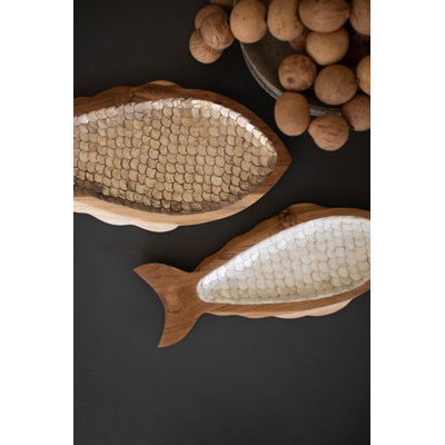  Coastal Nautical Decor Carved Teak Fish with Capiz Shell Set of 2, 17.5" L
