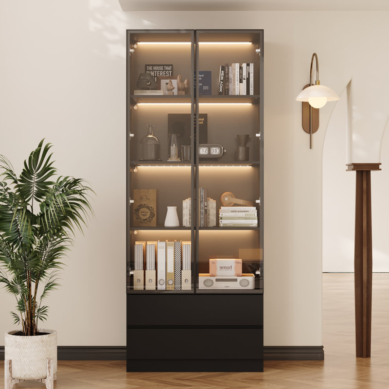 78.7'' H x 31.5'' W Bookcase With Glass Doors LED Lights Drawers, Black