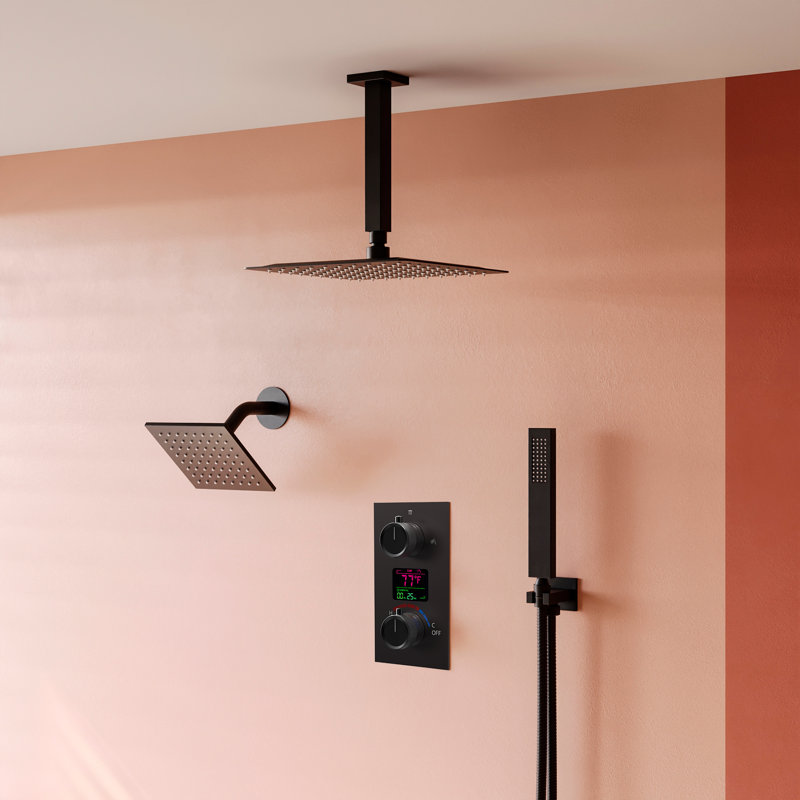 Système de douche numérique avec valve à pression équilibrée, pomme de douche double à fixation au plafond 12 po et douche à main