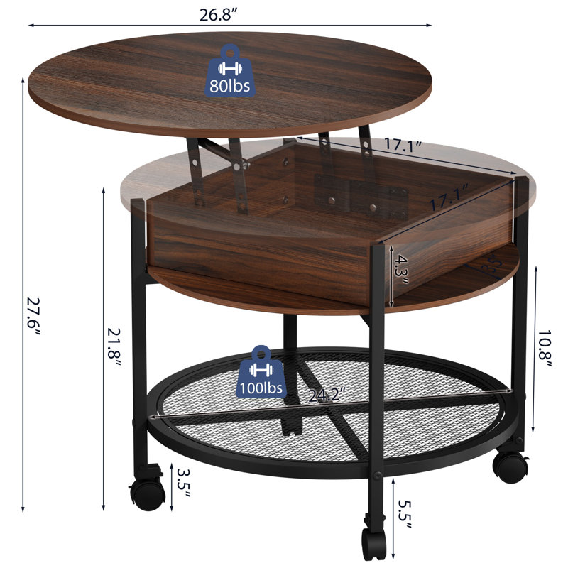 Lift Top Round Coffee Table with RGB LED Lights, Rolling Storage Table with Lockable Casters for Living Room, Brown
