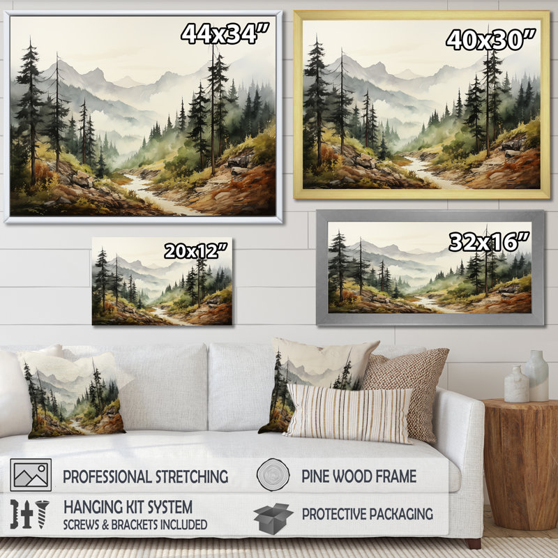 «Mountains Whisper Fog Serenity», art mural minimalisme, Cadre simple blanc, H 12 po x l 20 po x P 1 po