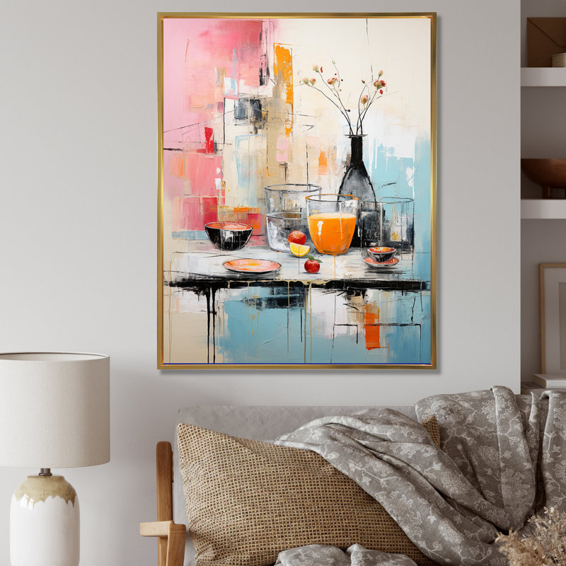 Art alimentaire sur toile, Abstrait de pique-nique alimentaire, Gold Picture Framed, 32" H x 24" W