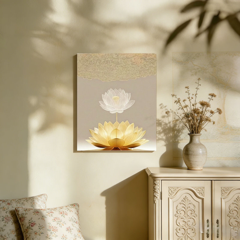 Toile de fleur de lotus dorée, cadre mural en bois à l'arrière 36 po x 24 po
