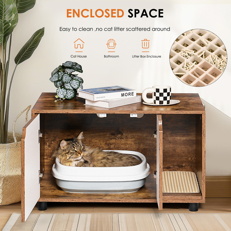 Enceinte de litière pour chat, toilette cachée pour chat, table de bout pour chat, style de meuble avec portes doubles, blanc et rétro