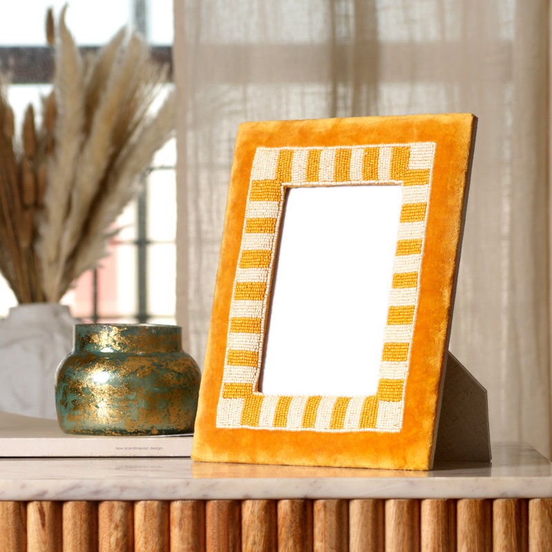 Beaded Embroidered Photo Frame 5" x 7" - Handmade Decorative Tabletop Frame, Yellow/White