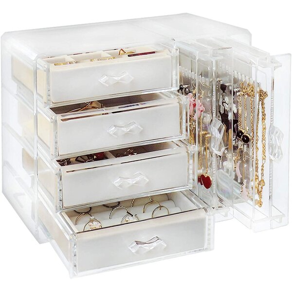 Rebrilliant Acrylic Jewelry Organizer Box, Clear Earring Holder Jewelry Hanging Boxes with 4 Velvet Drawers for Earrings Ring Necklace Bracelet Display Case Gift
