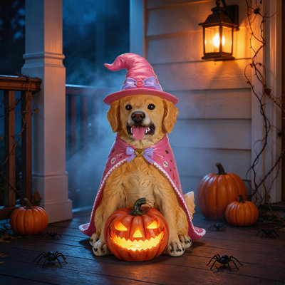 Statue de Golden Retriever d'Halloween avec chapeau de sorcière et citrouille lumineuse DEL