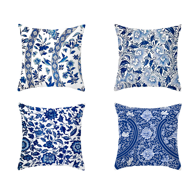 Ensemble de 4 housses de coussins avec insertions, Motif floral bleu