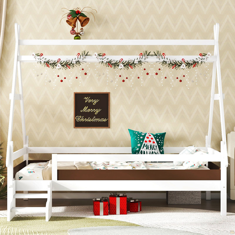 Lit plateforme simple avec escalier, lit simple en bois massif, Blanc clair, Lit simple