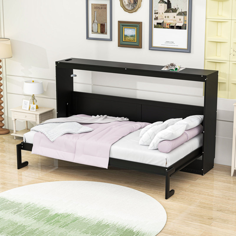Lit escamotable en bois avec prise USB et lumières, Lit simple, Noir