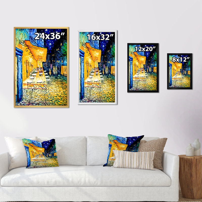 «Evening Terras In The City Lights», art mural traditionnel sur toile, H 20 po x l 12 po x P 1 po, Cadre flottant blanc