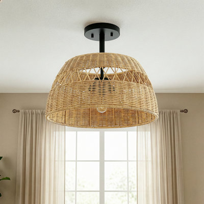 Dostero Light Rattan Shade with Matte Black Finish Pendant Farmhouse Style