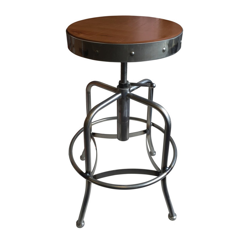 Industrial Adjustable Stool, Wood- Medium, Clear Coat