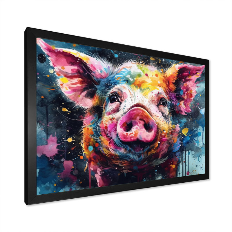 «Colorful Pig Portait», reproduction d'art sur toile cochon, Cadre simple noir, H 16 po x l 32 po x P 1 po