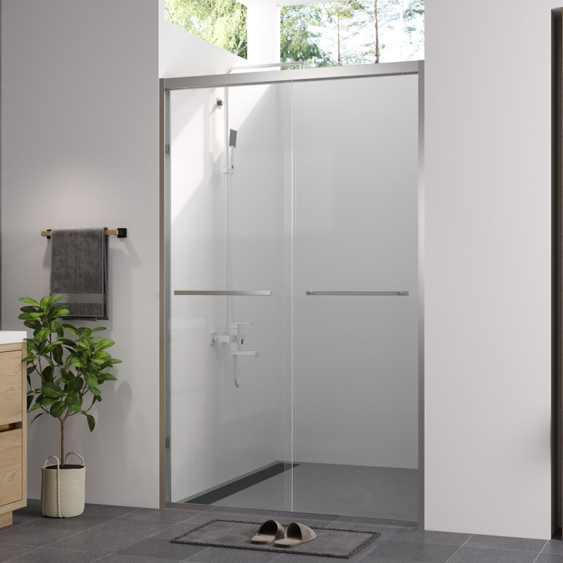 44 - 48"x76" Bathroom Sliding Door With Hardware, 1/4" (6mm) Clear Tempered Glass, Aluminum Frame, Safe And Worry , Package