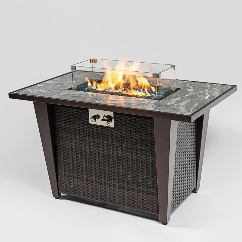 42Inch Rattan Fire Pit Table With Ceramic Tile Tabletop