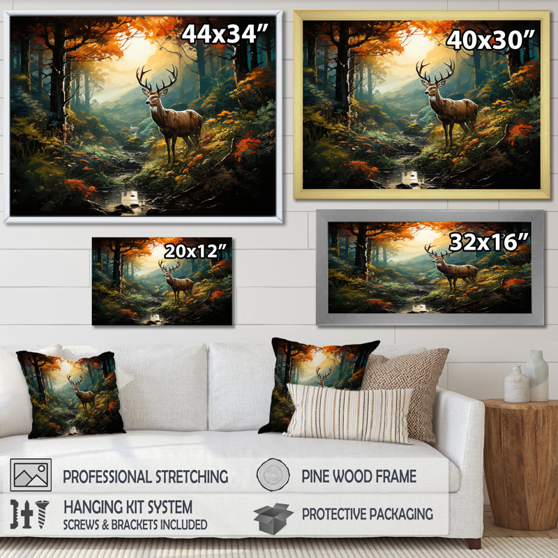 Vert et brun, cerf dans la forêt, impression d'art animalier mural, H 34 po x l 44 po x P 1,5 po, Cadre de coin blanc fermé