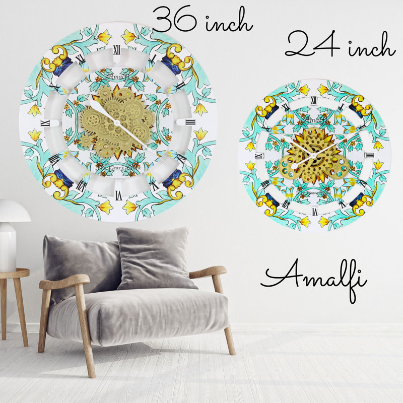 Amalfi 36" Round Wood Wall Clock with Moving Gears