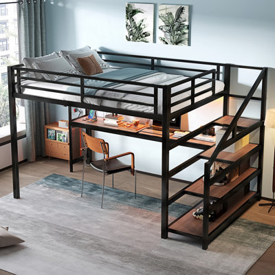 Lit mezzanine double avec bureau et escalier de rangement, lits mezzanine en métal avec lumières DEL et ports USB