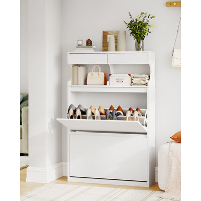 Shoe Cabinet with 2 Flip Drawers & 2 Top Drawers, Narrow Hidden Shoe Storage Cabinet for Entryway, Freestanding Shoes Organizer with Storage Space, 12-16 Pairs, for Hallway, White