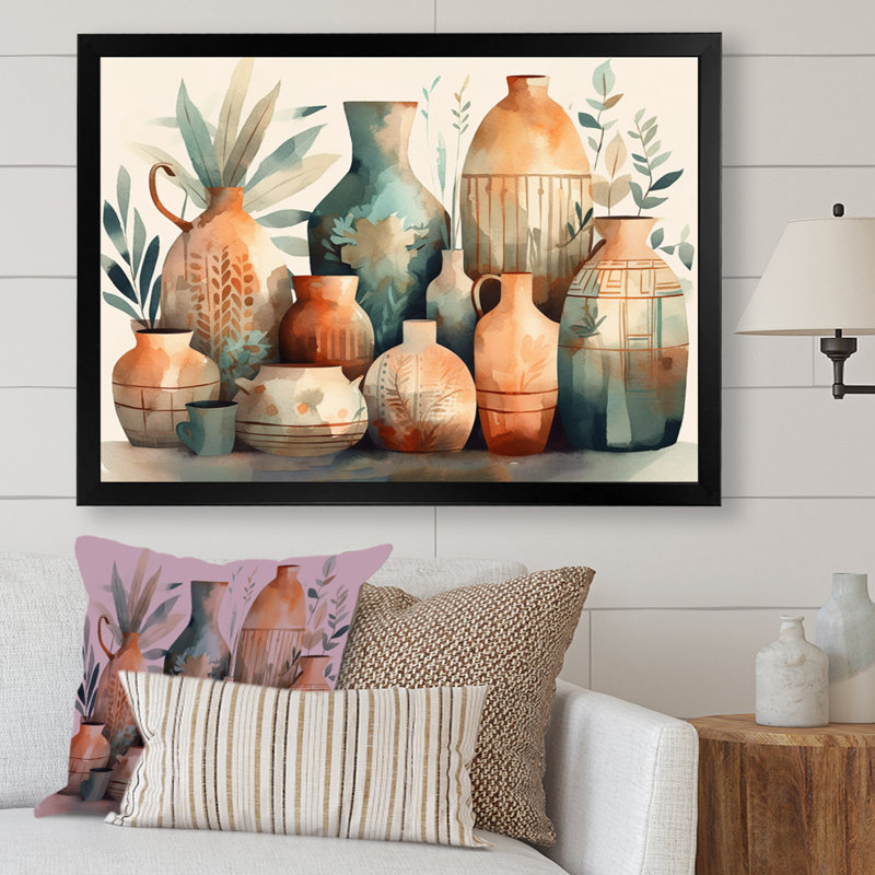 Vase en céramique orange et vert Rosslyn I - Boho Pottery, Cadre noir, H 30 po x l 40 po x P 1,5 po